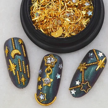 1jar kovové 3D gold zmiešaný štýl Nechty Umenie Dekorácie Manikúra nástroje DIY nechtov príslušenstvo moon star dizajn