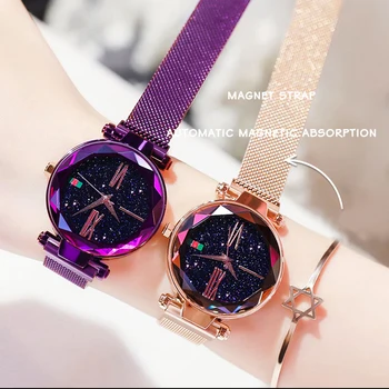 2019 neue čistý luxus Frauen Uhren Režim Elegante Magnet Schnalle Rose Gold Damen Armbanduhr Hviezdne Nebo Diamant Geschenk Quarz Uhr