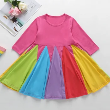 2020 Módne Dieťa Dievča Rainbow, Šaty Bavlna Lete Dlhý Rukáv Dievča Vestido Strany Narodeniny Šaty Patchwork Oblečenie 1-5 rok