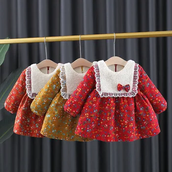 2021 Novorodenca Zimné Baby Girl Dress Bavlna Teplé Tlač Princezná Šaty pre Dievčatá 1 rok Narodeniny Oblečenie Baby Girl Šaty