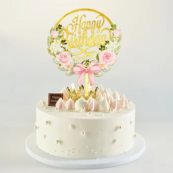 Farebné Kvetinové Happy Birthday Cake Vňaťou Zlaté Akryl Narodeninovej Party Dezert Dekorácie Tortu Príznak pre Svadobné Pečenia Dodávky