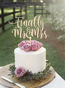 Konečne Mr & Mrs Svadobnú Tortu Vňaťou Drevo / Drevené Vňaťou pre Rustikálne Svadobné Dekorácie Cake Zdobenie Zapojenie Svadobné Sprcha