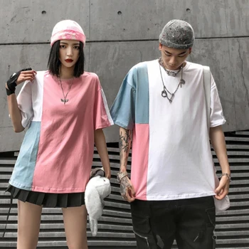 Kórejský Módne Muži/Ženy T-shirt Harajuku Patchwork Tričko Streetwear Ženy Tričko Bavlna O-krku Letné Top Bežné Pár Oblečenie
