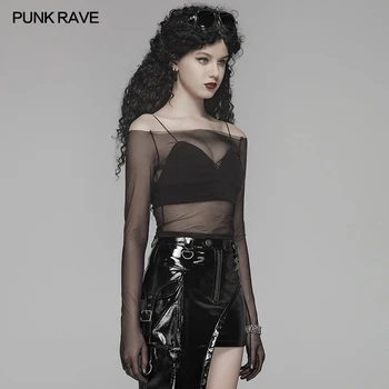 PUNK RAVE Žien Punk Čierne tričko Rukávy, ktoré sú Priamo Pripojené Na Rukavicu Gotický Sexy Transparentné Oka Ženy Sexy Topy
