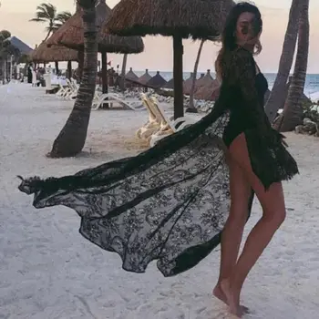 Sexy Letné Ženy Čierne Biele Čipky Bikini Kryt Ups Kimono Boho Pláž Dlhá Maxi Šaty Úplnej Voľné Kaftan Tunika Plavky