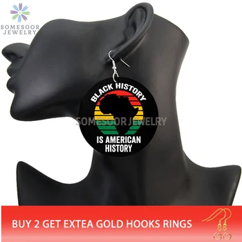SOMESOOR Afriky Mapu Melanínu Kráľovná Drevené Náušnice Kvapka Zlatá Farba Koruny Vytlačené Čierne História Slučky Visieť Šperky Pre Ženy