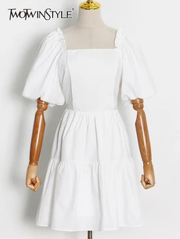 TWOTWINSTYLE jednofarebné Šaty Pre Ženy Námestie Golier Lístkového Rukáv Vysoký Pás Chudnutie dámske Šaty Módne Nové 2021