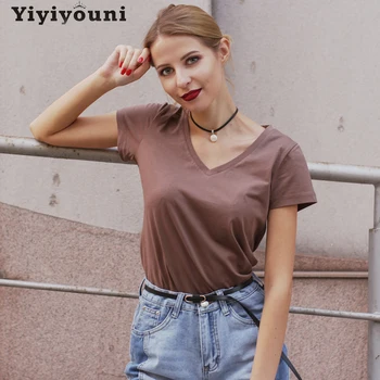 Yiyiyouni Bežné tvaru Pevné Základné T-shirt Ženy Lete Bavlna Krátky Rukáv T-Shirt Ženy Jednoduchá Biela Čierna kórejský Topy 2021
