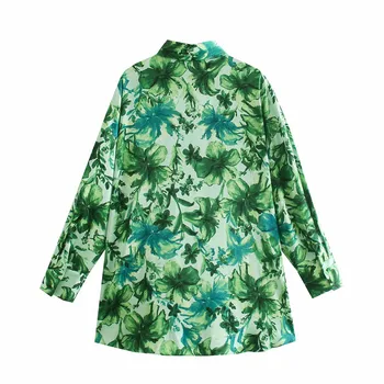 ZA 2021 Lete Ženy Zelené Tropické Tlače Nadrozmerné Tričko Dlhý Rukáv Voľné Retro Košele Elegantné Tlačidlo Hore Bočné vetracie Otvory Žena Topy