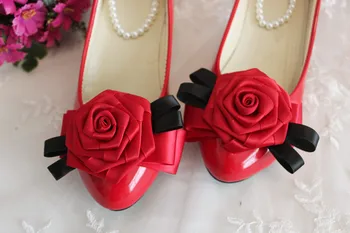 Červený strana topánky žena sladké ručné ruže kvet bowtie dámy prom šaty, topánky obrad večere strany topánky