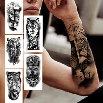 Kríž Lev Dočasné Tetovanie Pre Ženy, Mužov Dospelých Lebky Tiger, Vlk Les Tetovanie Nálepky Black Falošné Realistické Demon Tatoos Predlaktia