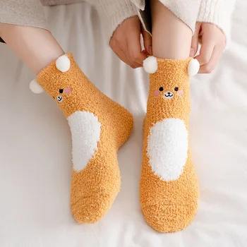 Móda krásne 3D animovaný Zvierat Coral fleece Hrubé Ponožky dámske psa/panda Roztomilé Ponožky Zábavné Dievčatá Mačka pančuchový tovar Sox