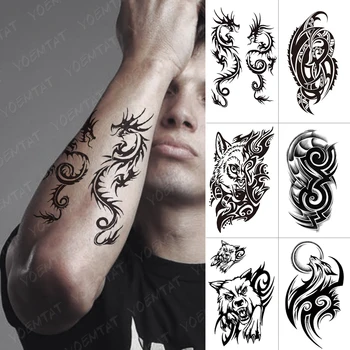 Nepremokavé Dočasné Tetovanie Nálepka Drak Vlk Mesiac Totem Flash Tribal Tetovanie Orla Oheň Body Art Rameno Falošné Tetovanie Mužov