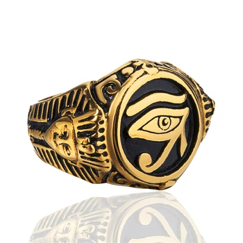 Pánske Zlaté á Egyptských Faraónov Eye of Horus Ra Udjat Nerezový Krúžok Hip-hop Šperky Veľkosti 7 až 15