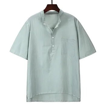 Pánske Ľanu Bielizeň T-Shirt Bežné tvaru Tlačidlo Nadol T-Košele Slim Fit Bavlna Bielizeň Krátky Rukáv Základné Top