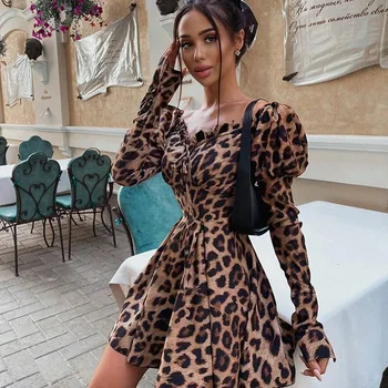 Sexy Lady Leopard Tlač Ženy Šaty Lomka Krku, Dlhými Rukávmi Bežné Ženy Chudnutie Pás Mini Strane Split Šaty Nightc Klub 2021