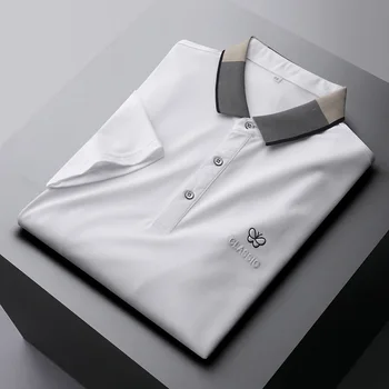 Vysoko-kvalitná značka, dizajn kontrast klope T-shirt moruša hodváb polo tričko pánske, krátky rukáv lete ľad hodváb priedušná Pavol
